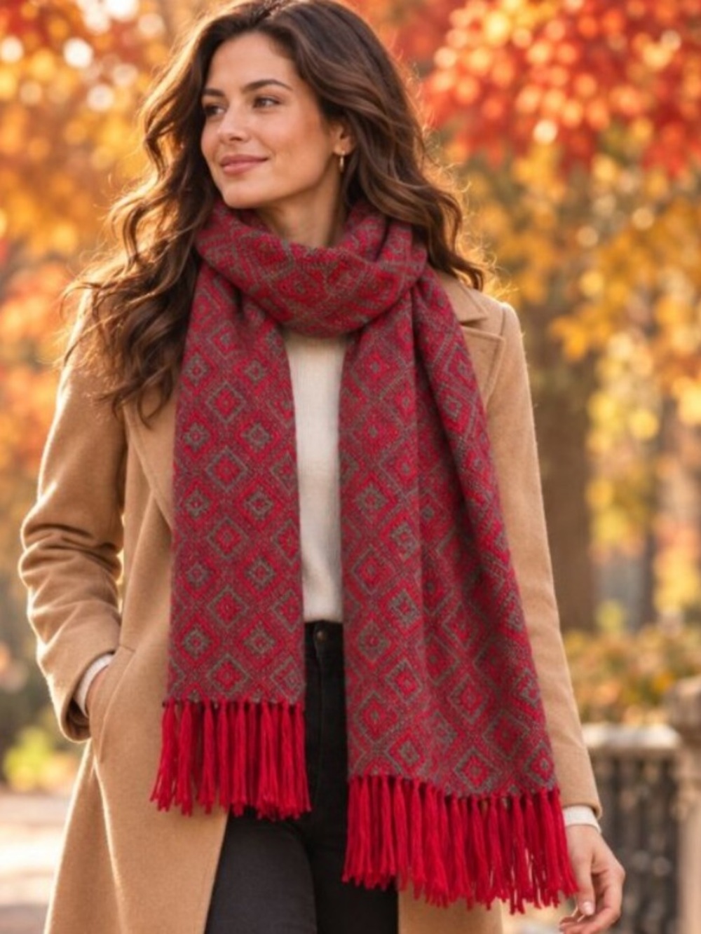 Beautiful Artisan Red & Gray Geometric Woven Fringe Scarf